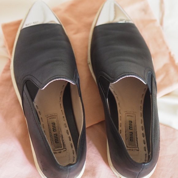 MIU MIU Black Leather Metal Cap Toe Sneakers - Picture 4 of 7